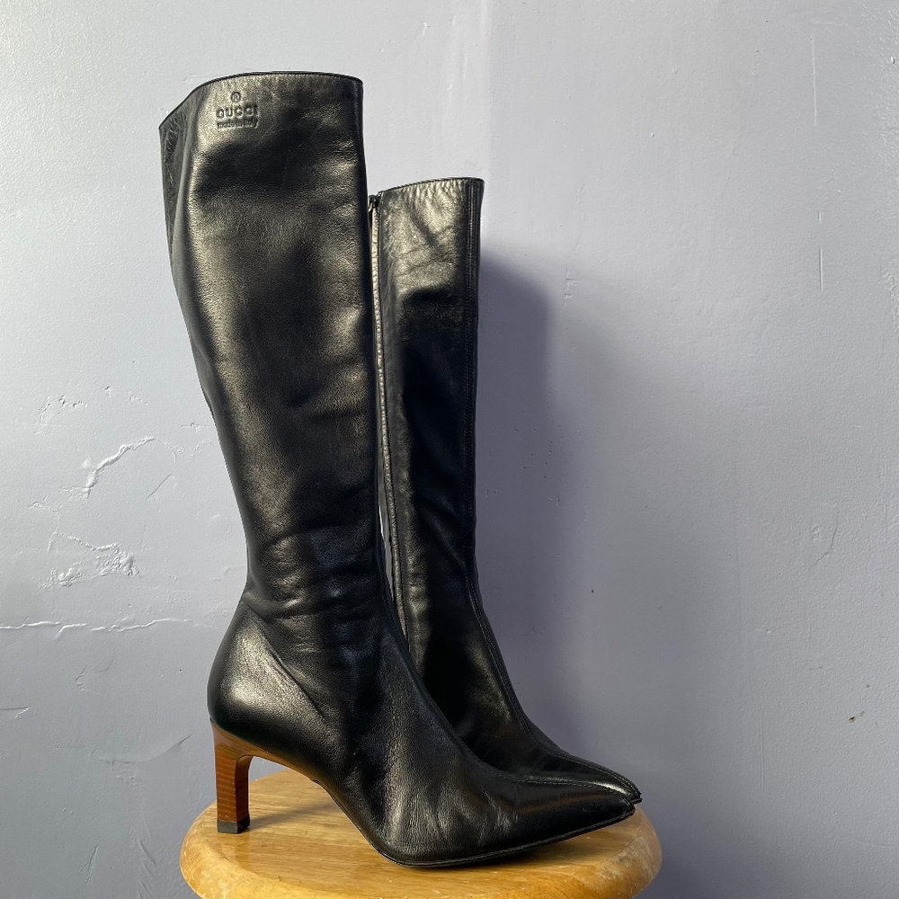 Gucci calfskin stiletto knee-high pointed toe boots
